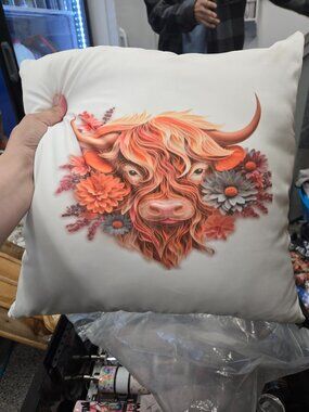Handmade Highland Cow Floral Accent Pillow| White